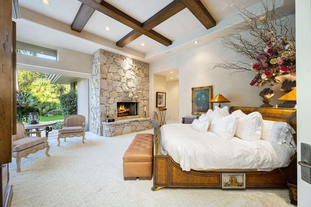 Bedroom, Fireplace, Interior, Recessed Lighting, Stone Walls, Wooden Beams