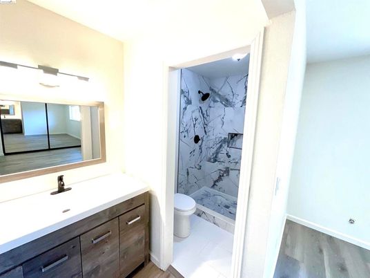 Bathroom, Interior, Marble Walls, Wood Texture Flooring