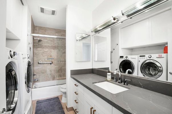 Bathroom, Dual Sink Vanities, Glass Shower, Interior, Washer