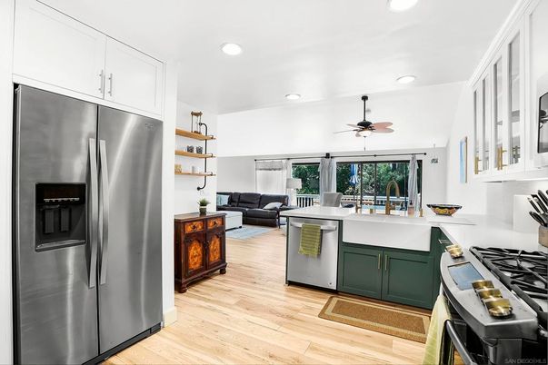 Interior, Kitchen, Living room, Recessed Lighting, Stainless Steel Appliances, Wood Texture Flooring