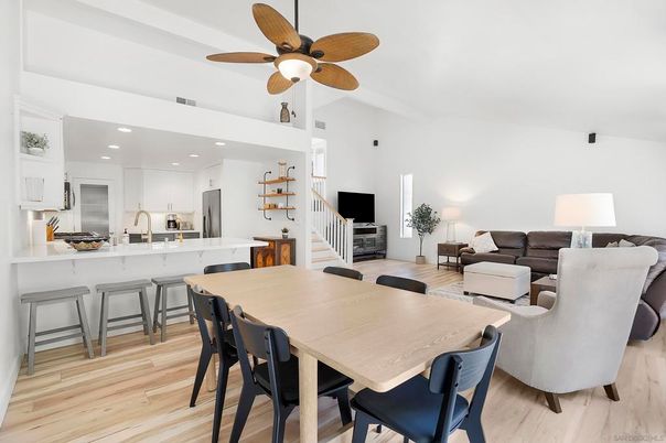 Dining room, Interior, Kitchen, Living room, Recessed Lighting, Stainless Steel Appliances, Wood Texture Flooring