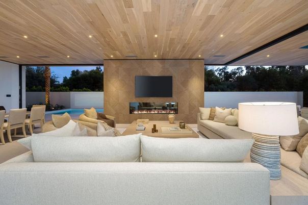 Dining room, Fireplace, Interior, Living room, Recessed Lighting, Wooden Ceilings, Wood Texture Flooring