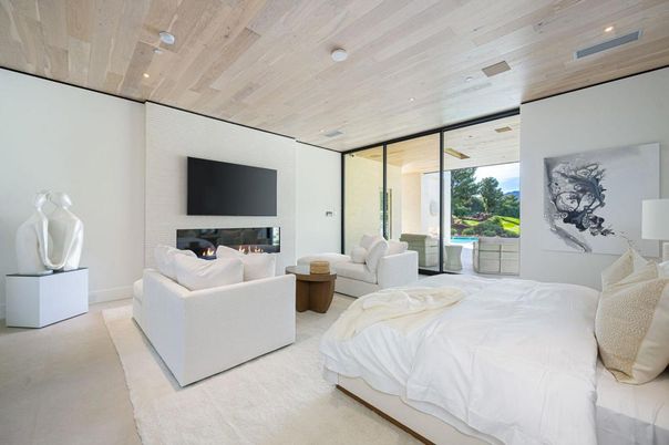 Bedroom, Fireplace, Interior, Living room, Recessed Lighting, Wooden Ceilings