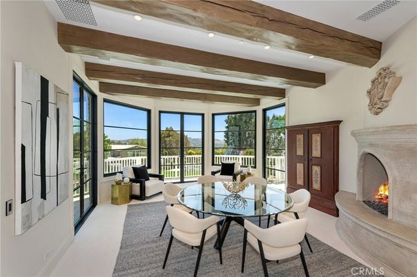 Dining room, Fireplace, Interior, Recessed Lighting, Wooden Beams