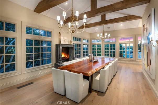 Chandelier, Dining room, Fireplace, Interior, Recessed Lighting, Wooden Beams, Wood Texture Flooring