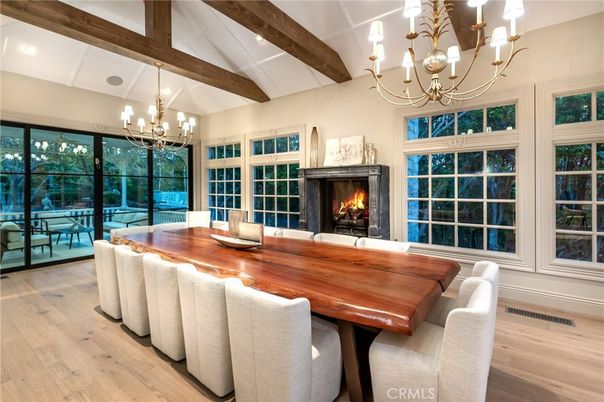 Chandelier, Dining room, Fireplace, Interior, Wooden Beams, Wood Texture Flooring