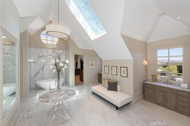 Bathroom, Free Standing Baths, Interior, Marble, Marble Walls, Pendant Lights, Recessed Lighting