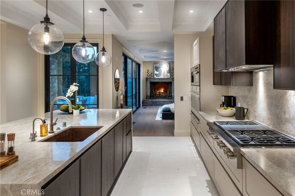Fireplace, Interior, Kitchen, Living room, Pendant Lights, Recessed Lighting, Wood Texture Flooring