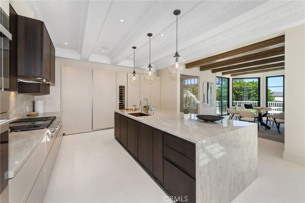 Dining room, Interior, Kitchen, Pendant Lights, Recessed Lighting, Stainless Steel Appliances, Wooden Beams