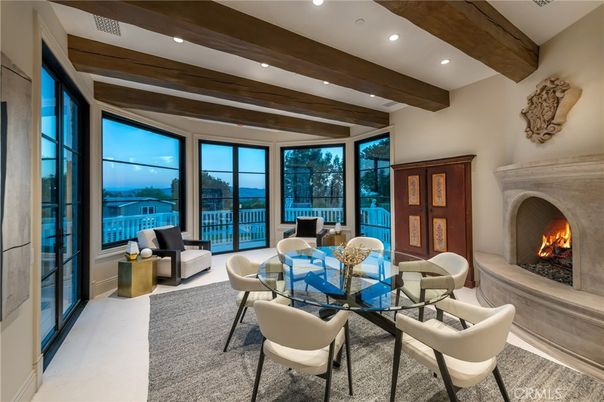 Dining room, Fireplace, Interior, Living room, Recessed Lighting, Wooden Beams