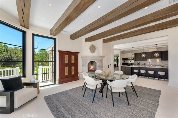 Dining room, Fireplace, Interior, Kitchen, Pendant Lights, Recessed Lighting, Stainless Steel Appliances, Wooden Beams