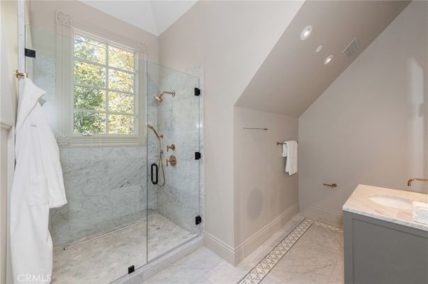 Bathroom, Glass Shower, Interior, Marble, Marble Walls, Recessed Lighting