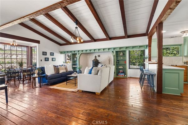 Dining room, Interior, Living room, Pendant Lights, Wooden Beams, Wood Texture Flooring