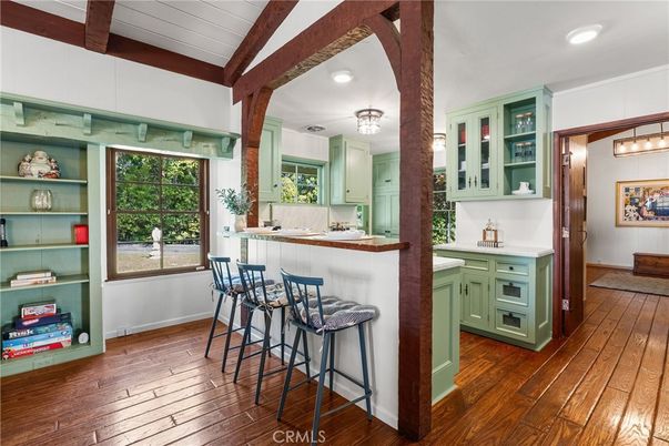 Interior, Kitchen, Pendant Lights, Recessed Lighting, Wooden Beams, Wood Texture Flooring