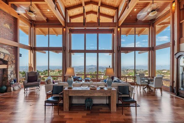 Fireplace, Interior, Living room, Recessed Lighting, Stone Walls, Water, Wooden Beams, Wooden Ceilings, Wood Texture Flooring