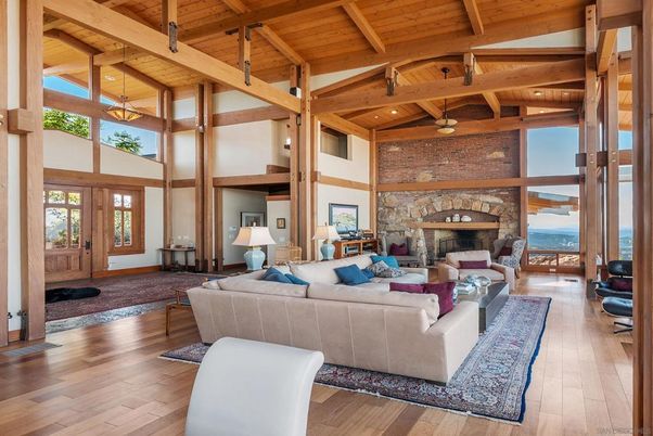 Fireplace, Interior, Living room, Recessed Lighting, Stone Walls, Wooden Beams, Wooden Ceilings, Wood Texture Flooring