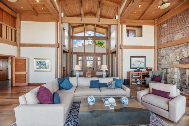 Fireplace, Interior, Living room, Recessed Lighting, Stone Walls, Wooden Beams, Wooden Ceilings, Wood Texture Flooring