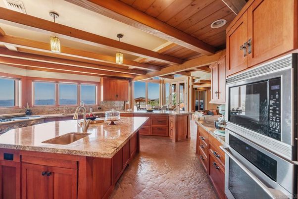 Interior, Kitchen, Pendant Lights, Stainless Steel Appliances, Water, Wooden Beams, Wooden Ceilings