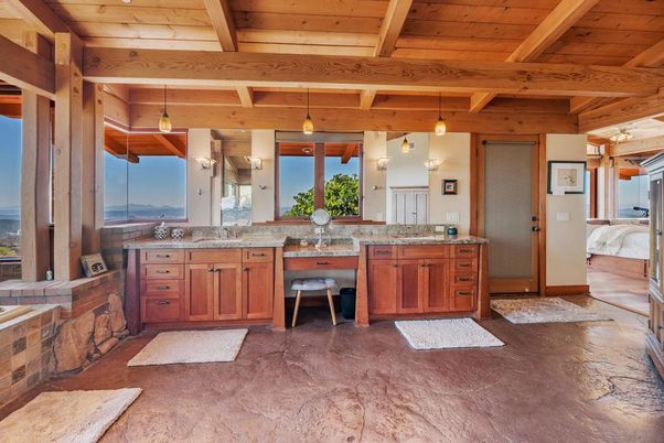 Bathroom, Bedroom, Dual Sink Vanities, Interior, Pendant Lights, Wooden Beams, Wooden Ceilings