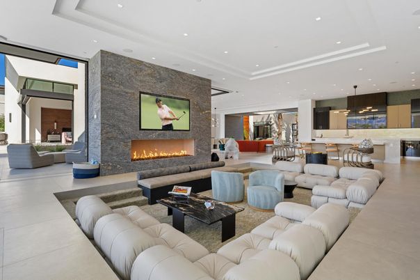 Dining room, Fireplace, Interior, Kitchen, Living room, Pendant Lights, Recessed Lighting, Stone Walls