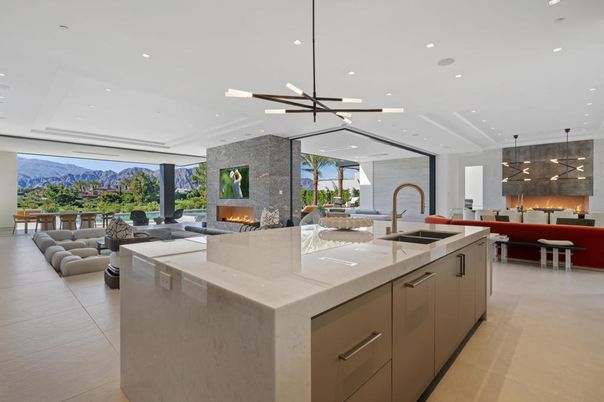 Dining room, Fireplace, Interior, Kitchen, Living room, Pendant Lights, Recessed Lighting, Stone Walls