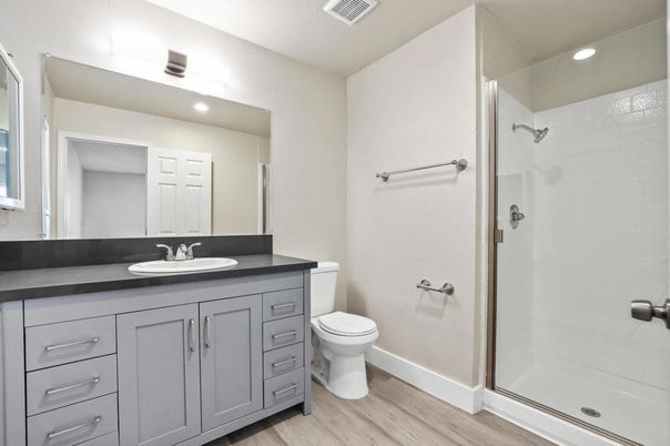 Bathroom, Glass Shower, Interior, Recessed Lighting, Wood Texture Flooring