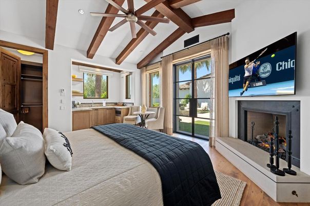 Bedroom, Fireplace, Interior, Wooden Beams, Wood Texture Flooring