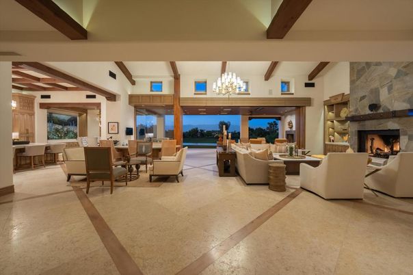 Chandelier, Dining room, Fireplace, Interior, Living room, Wooden Beams
