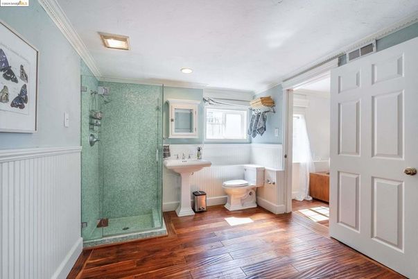 Bathroom, Glass Shower, Interior, Recessed Lighting, Wood Texture Flooring