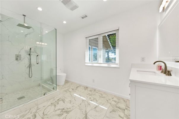 Bathroom, Glass Shower, Interior, Marble, Marble Walls, Recessed Lighting