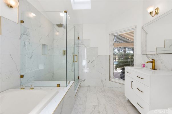 Bathroom, Dual Sink Vanities, Glass Shower, Interior, Marble, Marble Walls