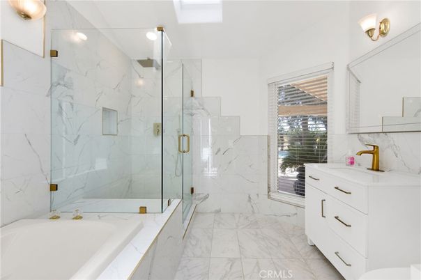 Bathroom, Dual Sink Vanities, Glass Shower, Interior, Marble, Marble Walls
