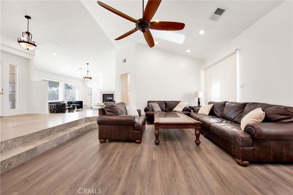 Fireplace, Interior, Living room, Pendant Lights, Recessed Lighting, Wood Texture Flooring