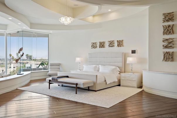 Bedroom, Interior, Pendant Lights, Recessed Lighting, Wood Texture Flooring