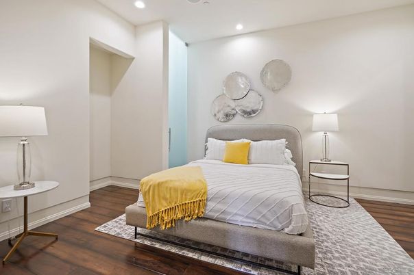 Bedroom, Interior, Recessed Lighting, Wood Texture Flooring