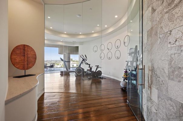 Fitness Equipment, Gym, Interior, Recessed Lighting, Wood Texture Flooring
