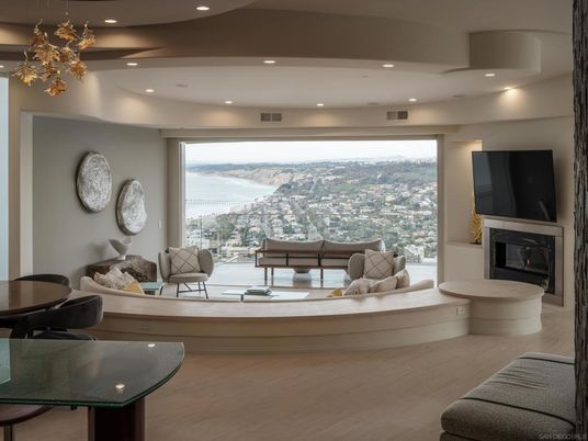 Fireplace, Interior, Living room, Recessed Lighting, Water, Wood Texture Flooring