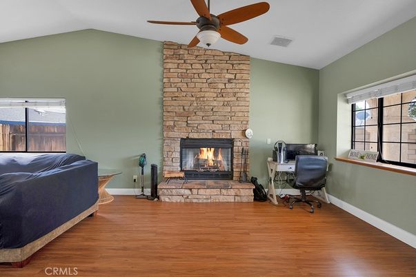 Fireplace, Home Office, Interior, Stone Walls, Wood Texture Flooring