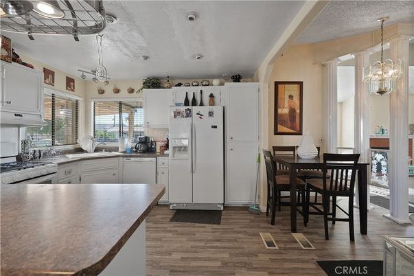 Dining room, Interior, Kitchen, Pendant Lights, Wood Texture Flooring