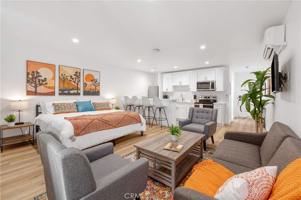 Bedroom, Interior, Kitchen, Living room, Recessed Lighting, Stainless Steel Appliances, Wood Texture Flooring