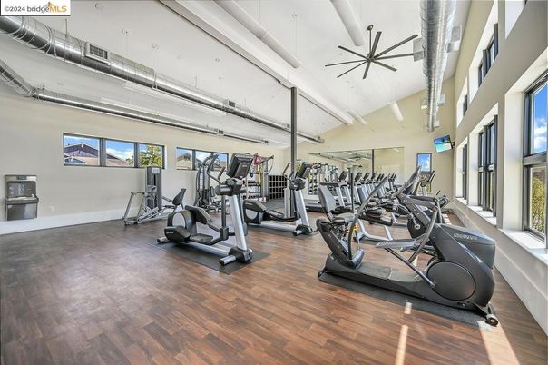 Fitness Equipment, Gym, Interior, Pendant Lights, Wood Texture Flooring