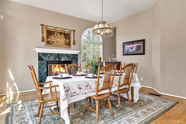 Dining room, Fireplace, Interior, Pendant Lights, Wood Texture Flooring