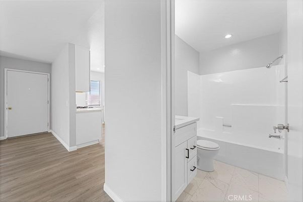 Bathroom, Interior, Marble, Recessed Lighting, Wood Texture Flooring