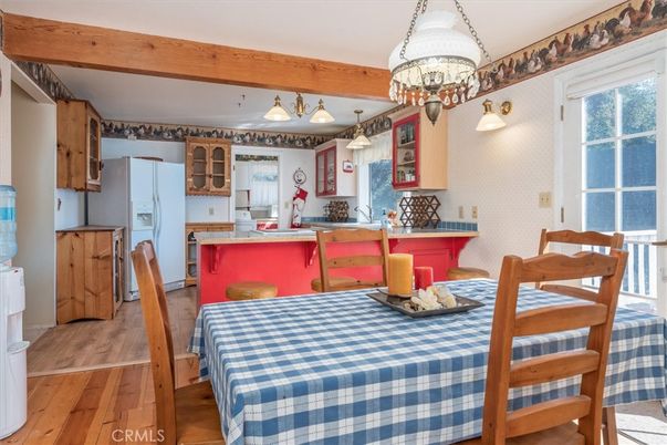 Chandelier, Dining room, Interior, Kitchen, Wooden Beams, Wood Texture Flooring