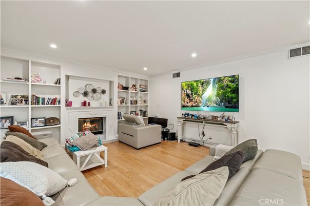Fireplace, Interior, Living room, Recessed Lighting, Wood Texture Flooring