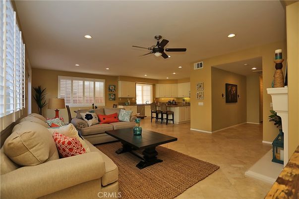 Fireplace, Interior, Kitchen, Living room, Recessed Lighting