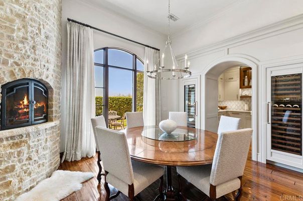 Dining room, Fireplace, Interior, Pendant Lights, Stone Walls, Wood Texture Flooring