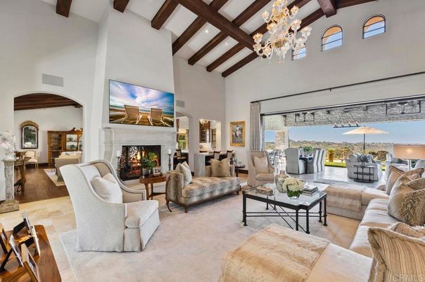 Chandelier, Fireplace, Interior, Living room, Recessed Lighting, Wooden Beams, Wood Texture Flooring