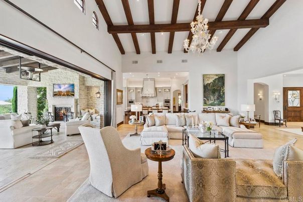 Chandelier, Fireplace, Interior, Kitchen, Living room, Recessed Lighting, Stone Walls, Wooden Beams