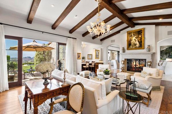 Chandelier, Dining room, Fireplace, Interior, Living room, Recessed Lighting, Wooden Beams, Wood Texture Flooring